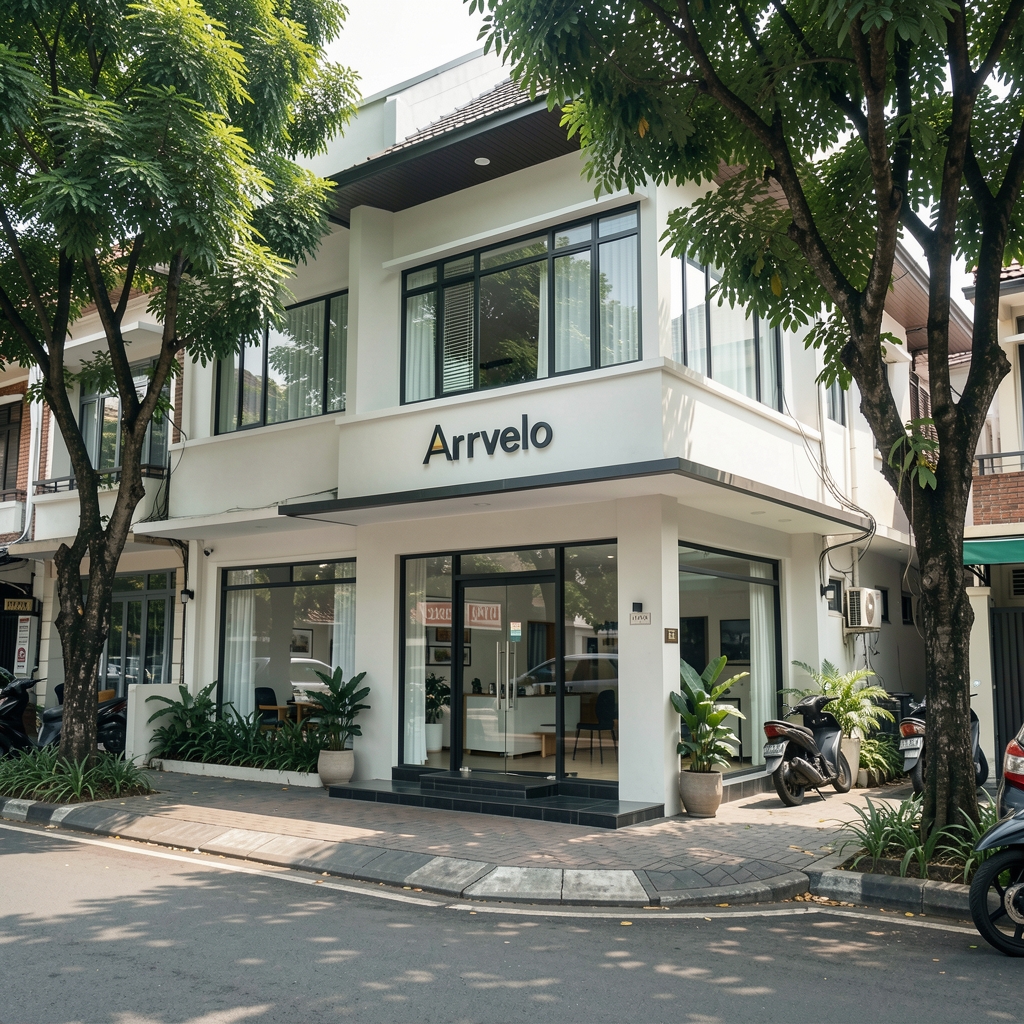 Exterior view of the Arvelo studio building in the Matraman district of Jakarta, photographed during daytime showing the building entrance with minimal signage on a tree-lined street