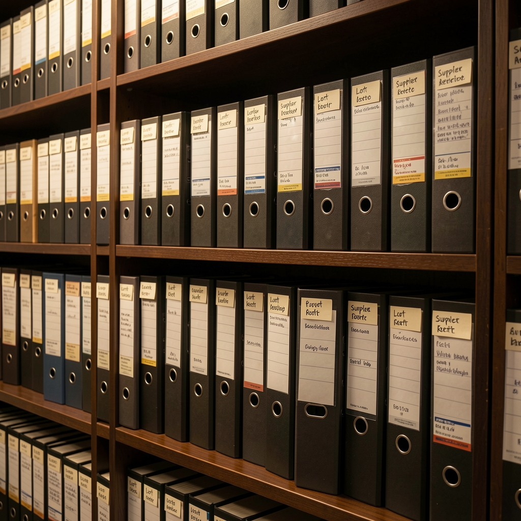 Flat-lay of sourcing documentation, batch-coded sample containers and audit checklist forms arranged on a worn wooden work surface in a quality-control environment
