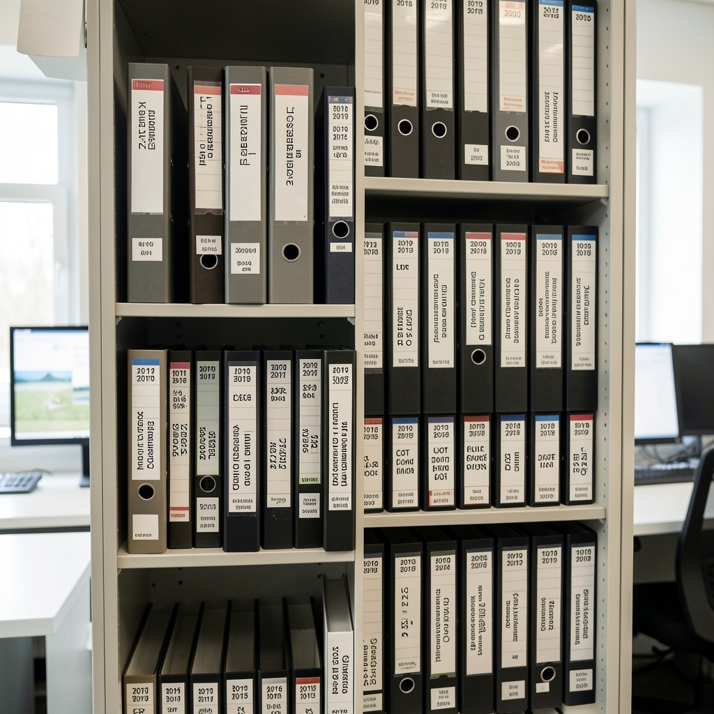 Archive shelf with neatly labelled binders containing lot release records and certificates of composition, organised by production year and batch code in a clean workspace
