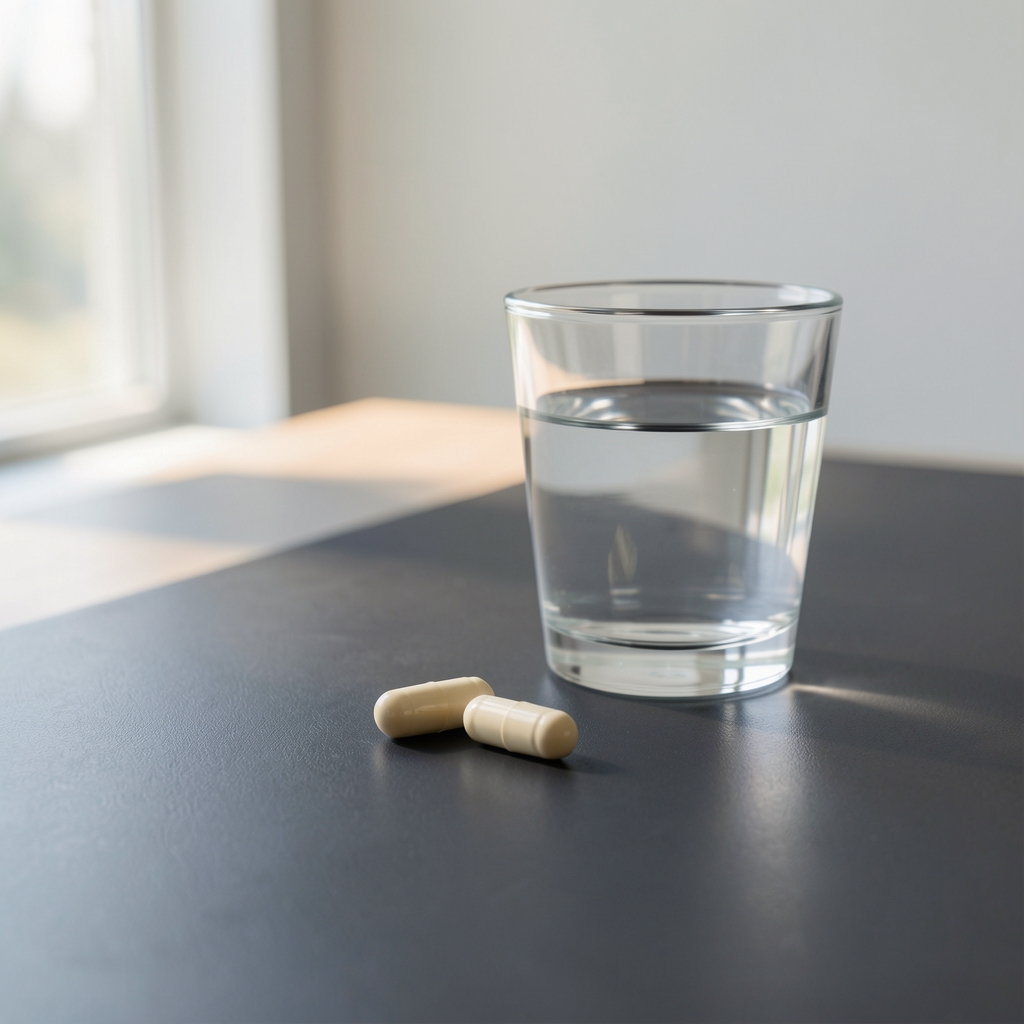 Two supplement capsules on a dark matte surface beside a small glass of water, morning light entering from the side in a clean workspace environment