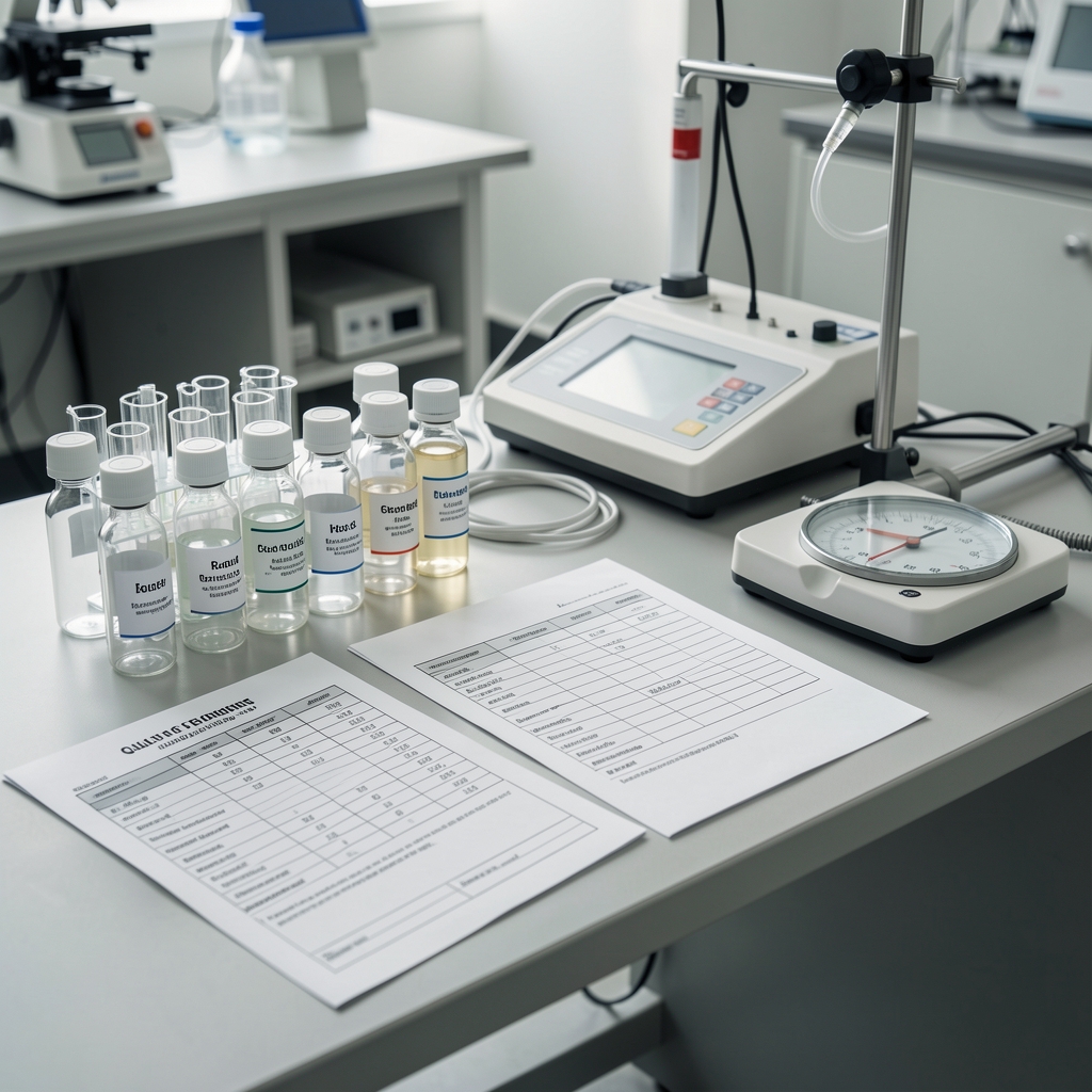 Quality-control bench scene with labeled glass vials, batch documentation sheets and measuring instruments in a quality verification environment