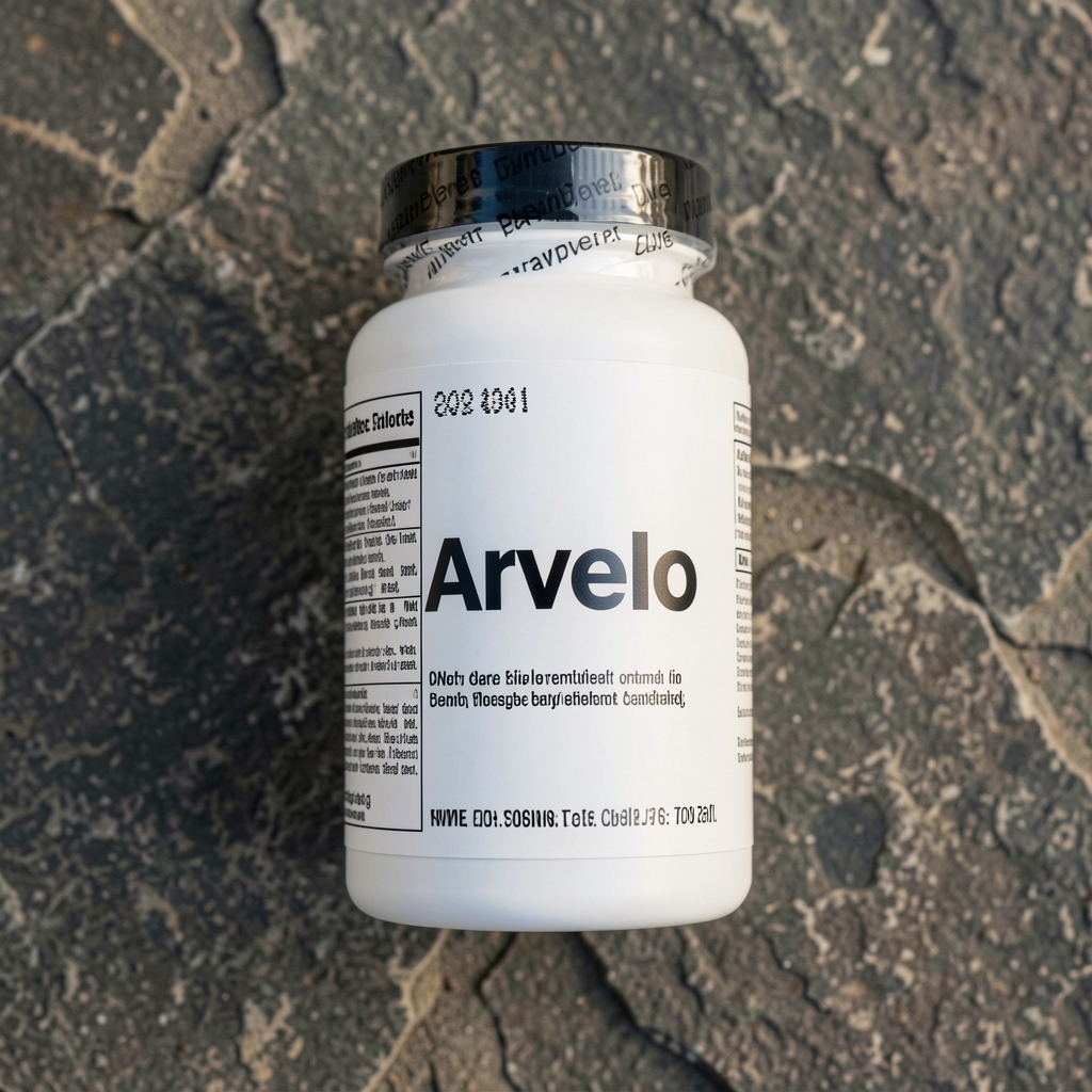 Arvelo supplement bottle with tamper-evident seal intact on a flat stone surface, photographed from above with batch code and composition label clearly visible