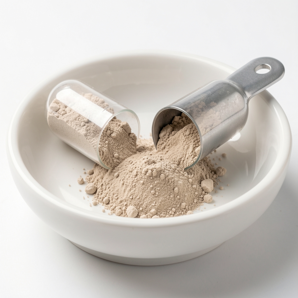 Single Arvelo capsule split open revealing fine natural mineral powder contents on a white ceramic dish with a measuring scoop, photographed under bright studio lighting