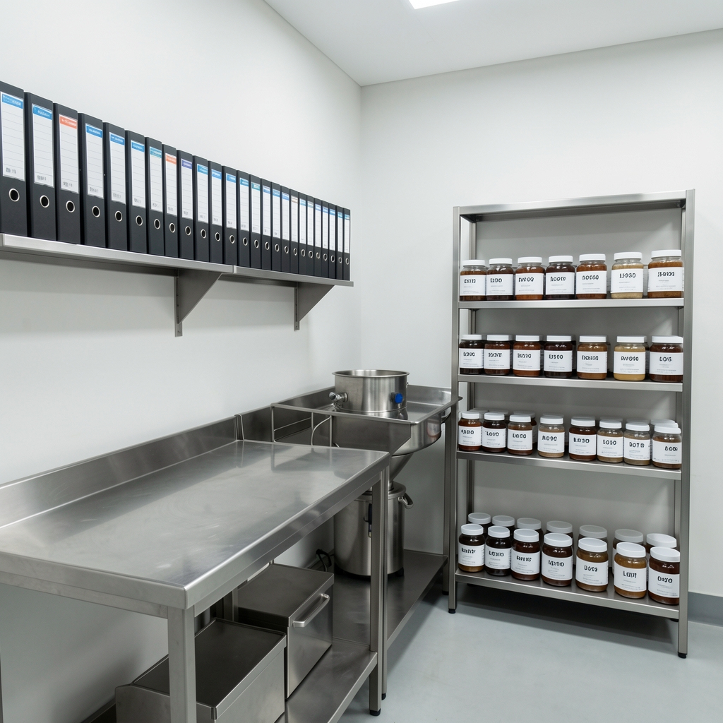Wide shot of the Arvelo formulation studio in Jakarta showing stainless steel preparation surfaces, batch record binders on wall-mounted shelving, and ingredient jars arranged by lot number under bright studio lighting